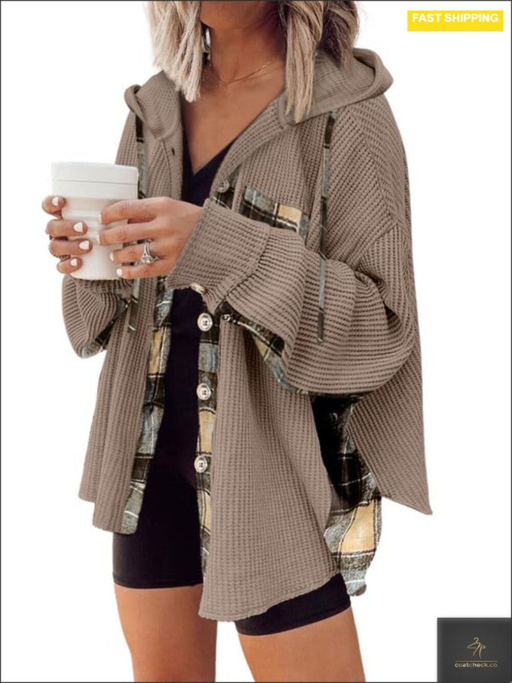Waffle Knit Plaid Shacket Button Down Hooded Jacket